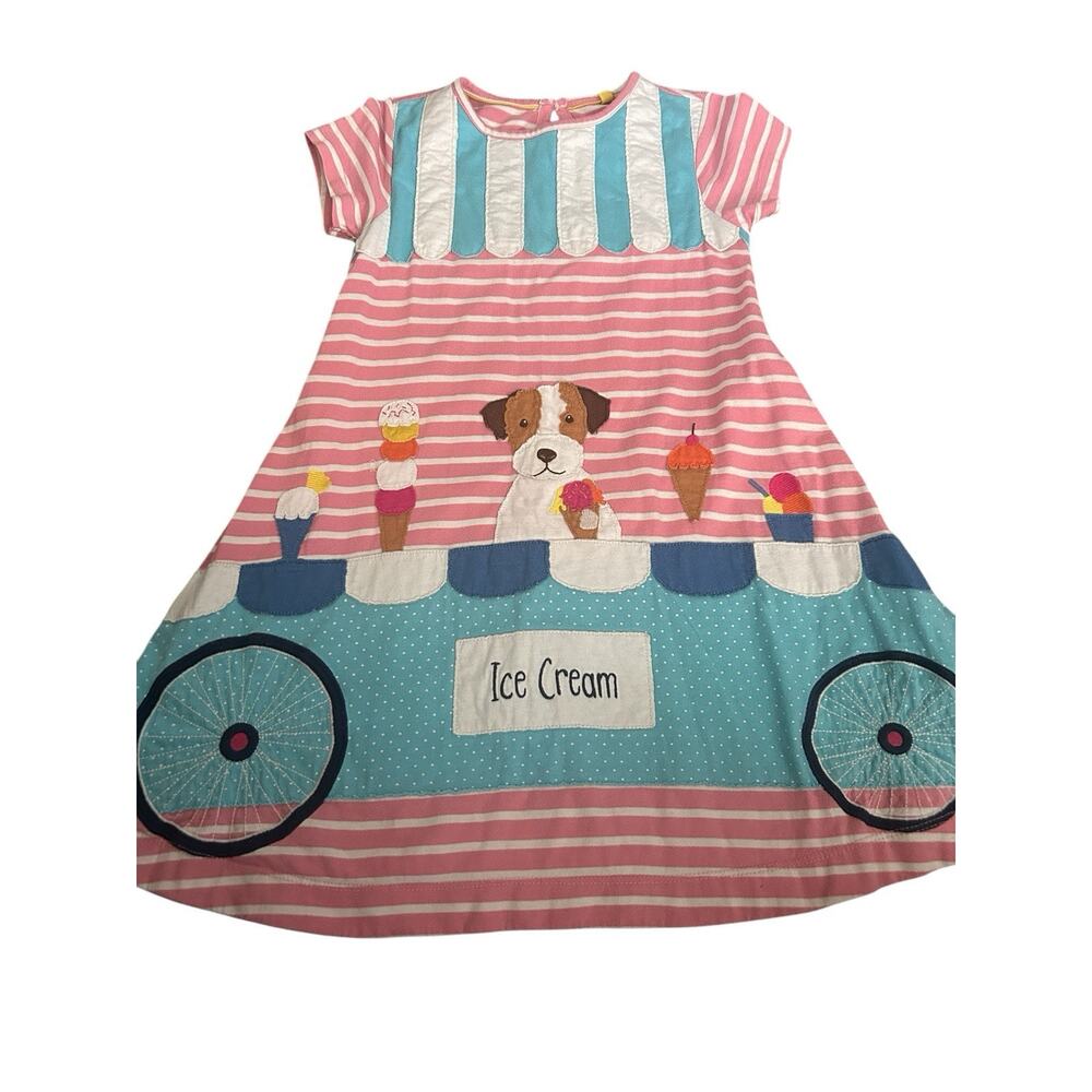 Mini Boden Girls 7-8 Ice Cream Dog Large Applique Pink Striped Dress